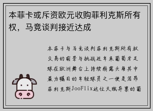 本菲卡或斥资欧元收购菲利克斯所有权，马竞谈判接近达成