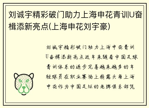 刘诚宇精彩破门助力上海申花青训U奋楫添新亮点(上海申花刘宇豪)