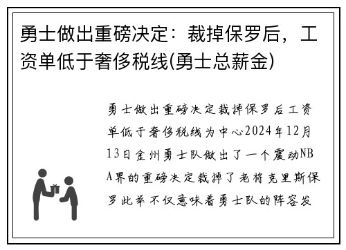 勇士做出重磅决定：裁掉保罗后，工资单低于奢侈税线(勇士总薪金)